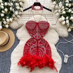 Hotsweet Sleeveless Vintage Halter Chic Embroidered Bead Rhinestone Feather Spliced Slim Pencil Dress High Street Women Clothing