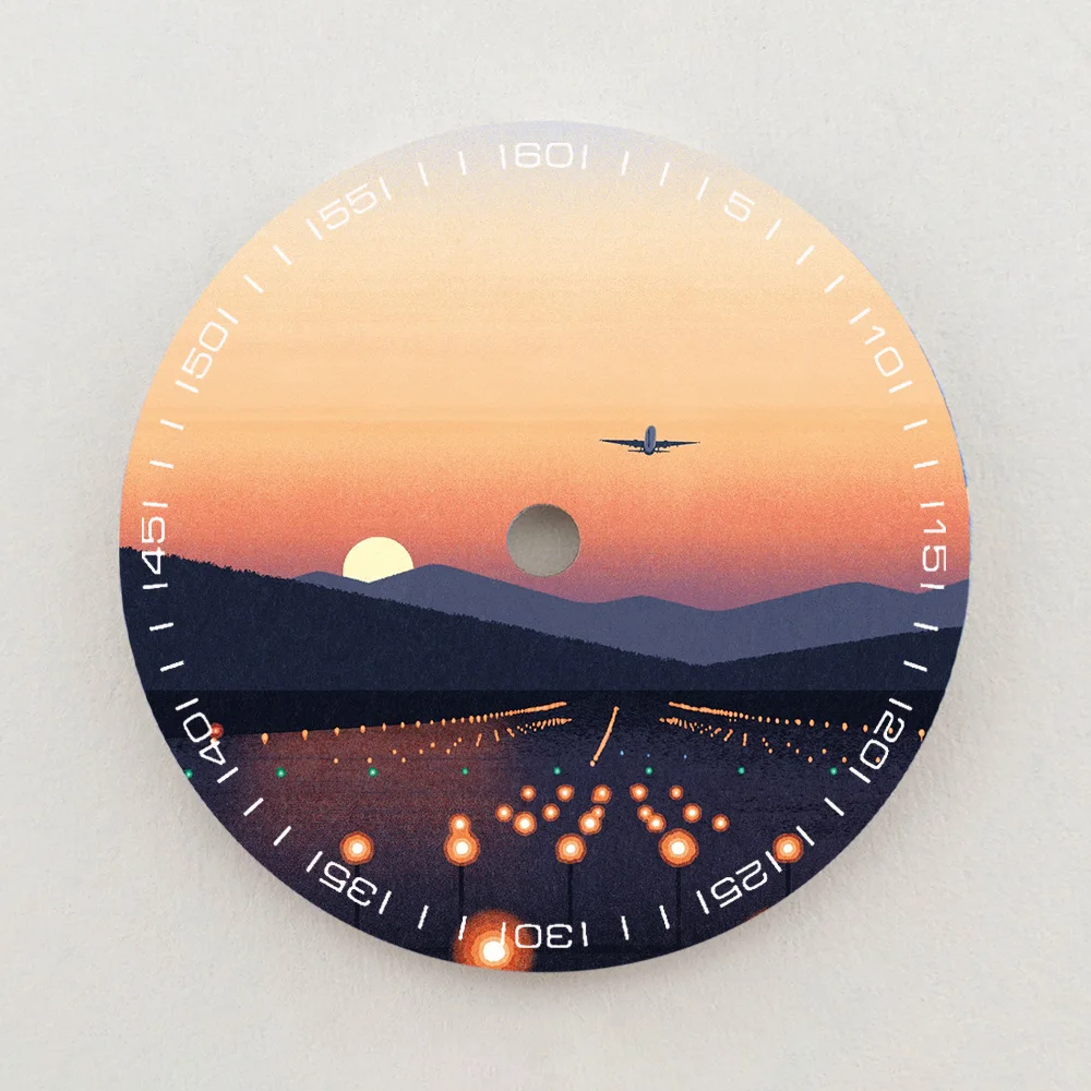 28.5mm NH35 Dial Sunset Mountain Airport Scenery Dial Luminous Dial Colorful NH36 Dial Watch Accessories Fits NH35/NH36 Movement