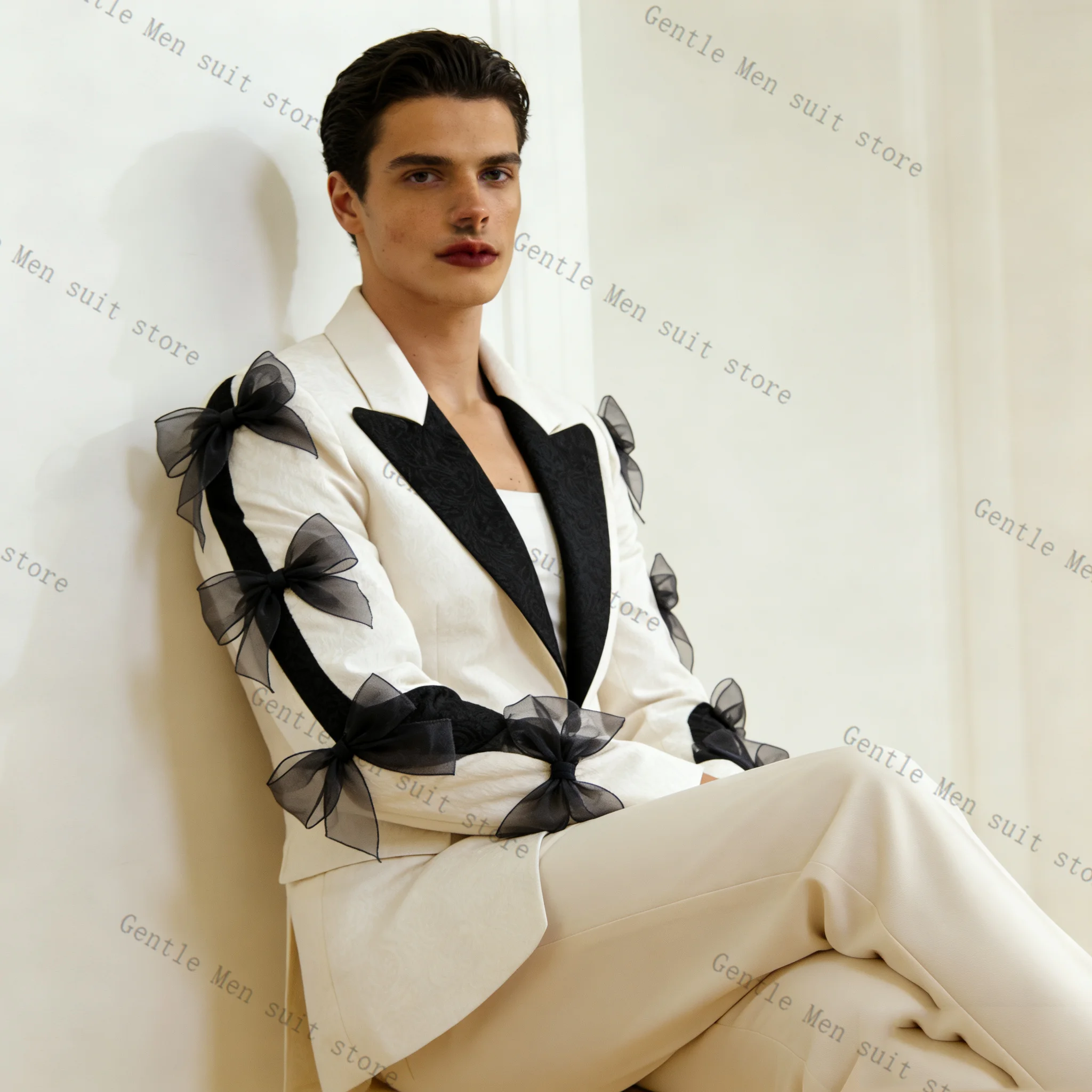 Designer Bow Men Suit Set 2 Pcs White Blazer+Pants Trousers Groom Wedding Tuxedo Formal Office Business Jacket Coat Customized