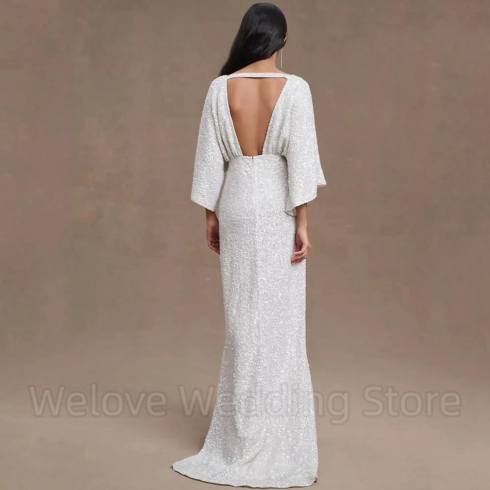 Chic Sequin Bride Wedding Dress Sexy Deep V-Neck Long Sleeve A-Line Floor Length Side Slit Bridal Civil Register Open Back Gowns