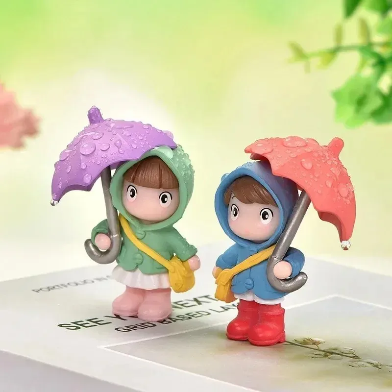 2026-24pc umbrella raincoat girl boy figure decor pvc craft figurine decoration miniature fairy garden ornament pendant
