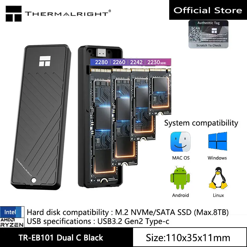 Thermalright TR-EB101 C Black M.2 NVMe/SATA SSD Enclosure Adapter,All aluminum alloy 10Gbps USB3.2 GEN2,Supports M/B&M and B Key