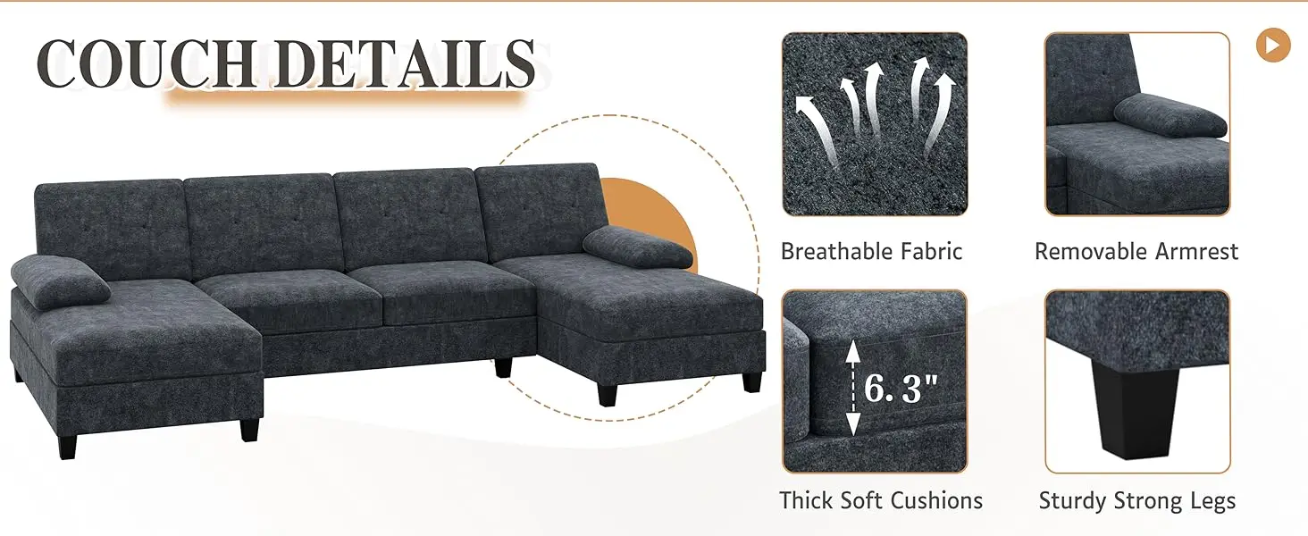 u shaped couch double chaise sectional sofa for living room large 4 seat sofa