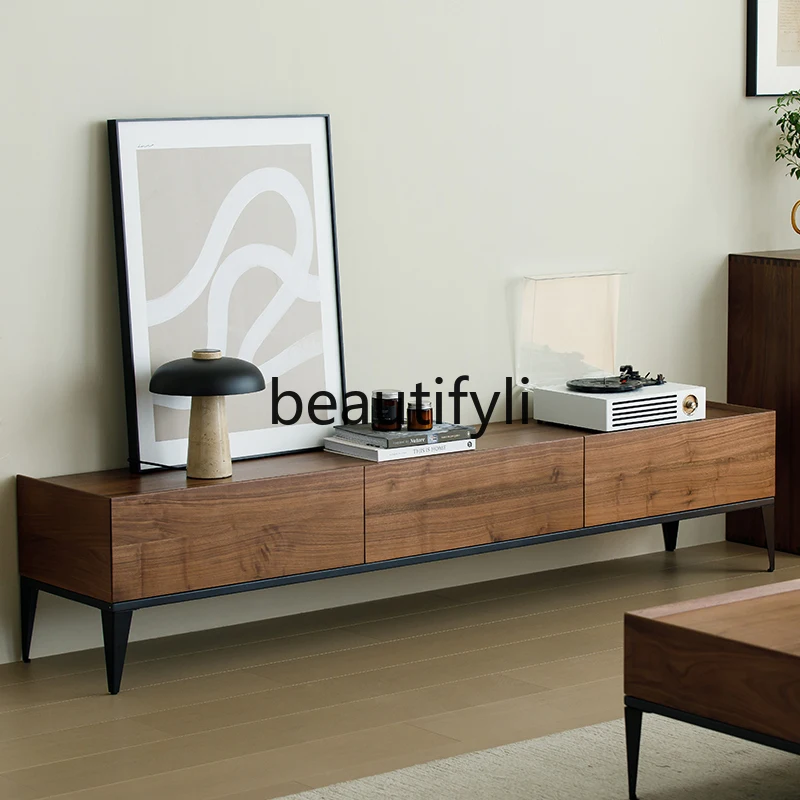 

North American black walnut TV cabinet with lighting Nordic living room floor log floor cabinet