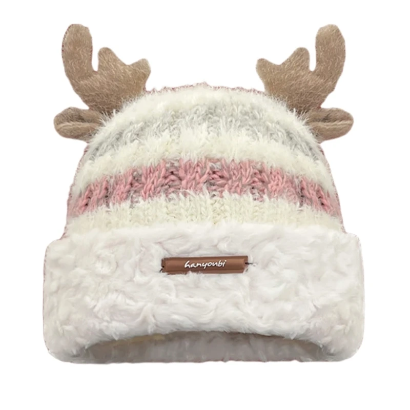 F42F Plush Knitted Patchwork Hat for Winter Warm Deer Horn Hat Christmas Themed Hat Adult Teens Trapper Hat for Cold Weather