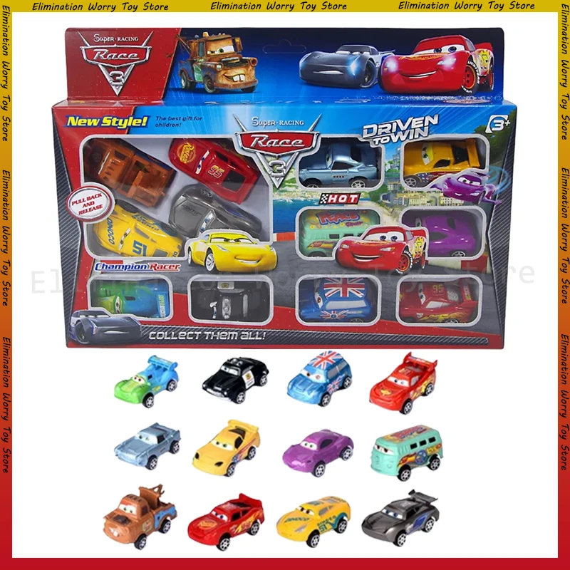 Hot Disney Pixar Cars 12pcs/Set  Lightning Mcqueen Jackson Storm Mater Pvc Model Back-Force Car Toy For Kids Birthday Gift Set