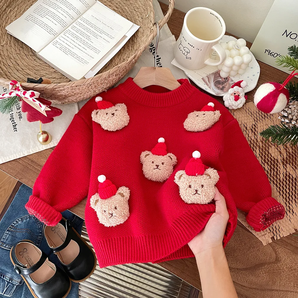 2025 موضة بنات بنين عيد ميلاد سعيد لطيف الدب الأحمر البلوزات طفل أطفال ملابس الشتاء الأطفال ملابس السنة الجديدة الملابس المتماسكة