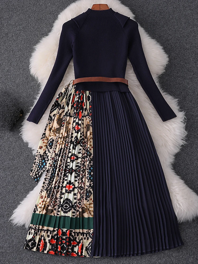 ZJYT Autumn Winter Print Patchwork Knitting Sweater Dresses for Women 2023 Long Sleeve Vintage Pleated Midi Vestidos Casual Robe