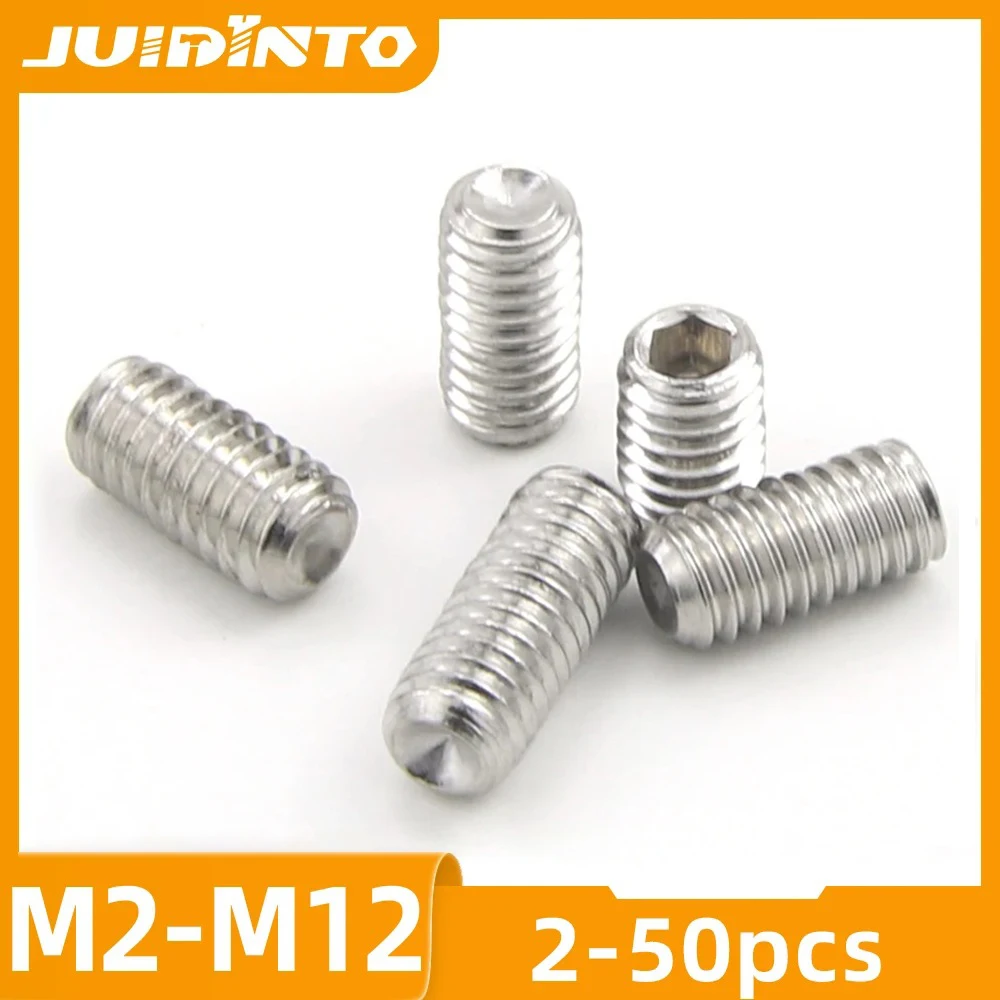 JUIDINTO 2-50pcs DIN916 Hex Socket Cup Point Set Screws 304 Stainless Steel Headless Grub Screws M1.6 M2 M3 M4 M5 M6 M8 M10 M12