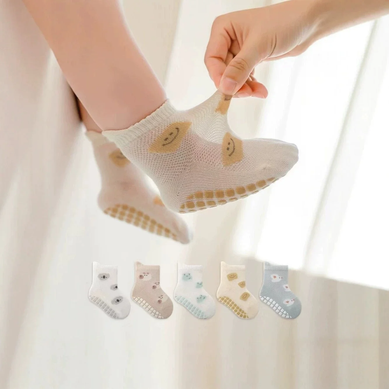 5 Pairs Baby Non-Slip Floor Socks, Loose Cuff Breathable Full-Sole Grip Toddler Socks for Boys and Girls Ages 0-3, Spring/Summer
