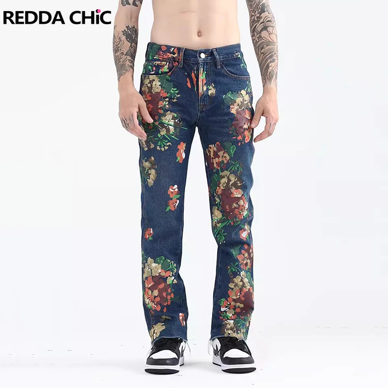 

ReddaChic Aesthetic Floral Paint Straight Jeans for Men Blue Retro Whiskers Raw Hem Frayed Denim Pants Korean Y2k Streetwear