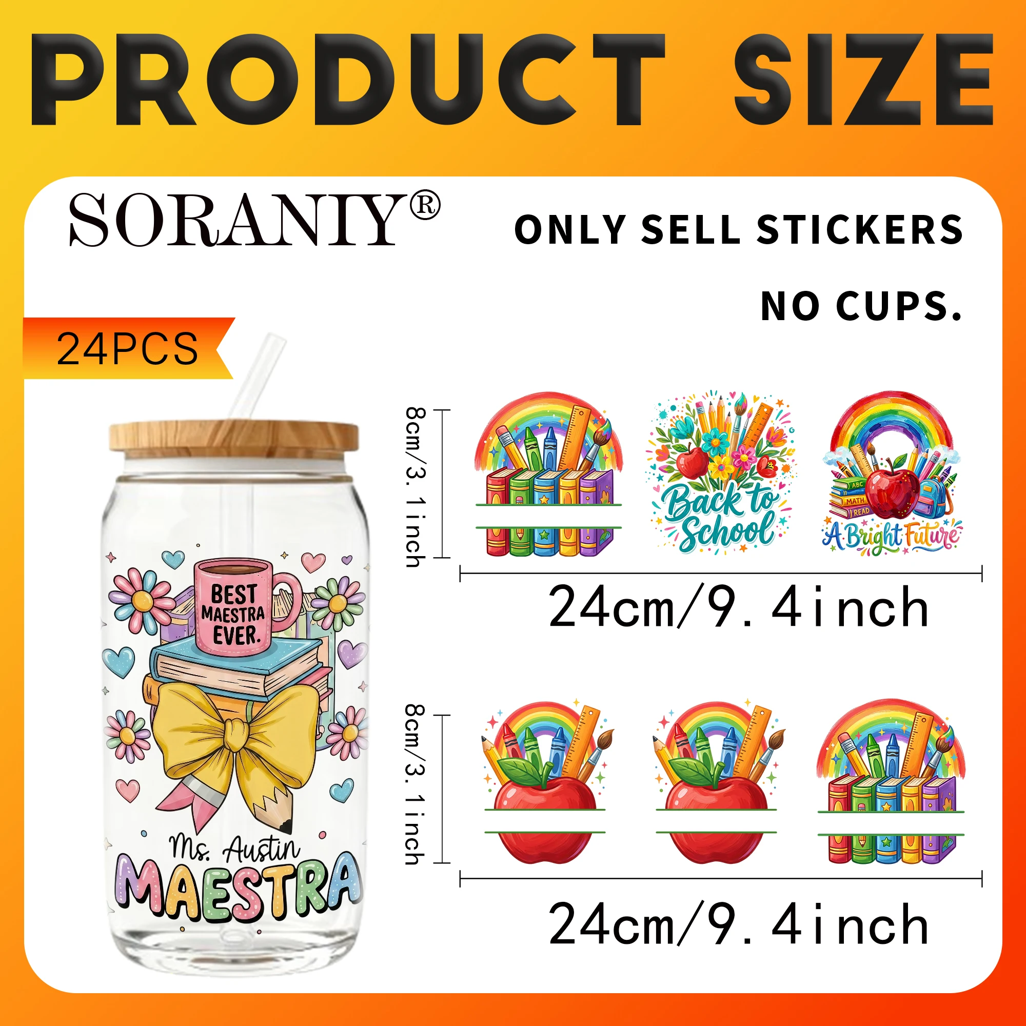 UV DTF Transfer Stickers - 24Pcs/Set Back To School Teacher Theme UV DTF 16OZ DIY Transfer Stickers