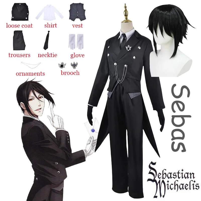 

Sebas Cosplay Costume Wig Anime Black Butler Sebastian Michaelis Cosplay Clothes Uniform Wigs Halloween Costumes for Men Adult