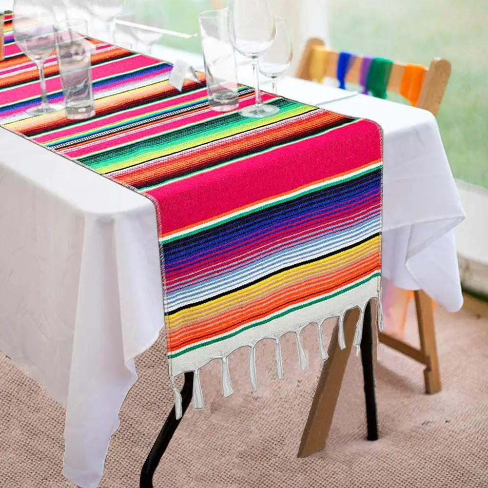 Mexican Pinata Party Serape Colorful Striped Fringe Cotton Table Runner Decorations Hand Woven Blanket Home Wedding Table Cover