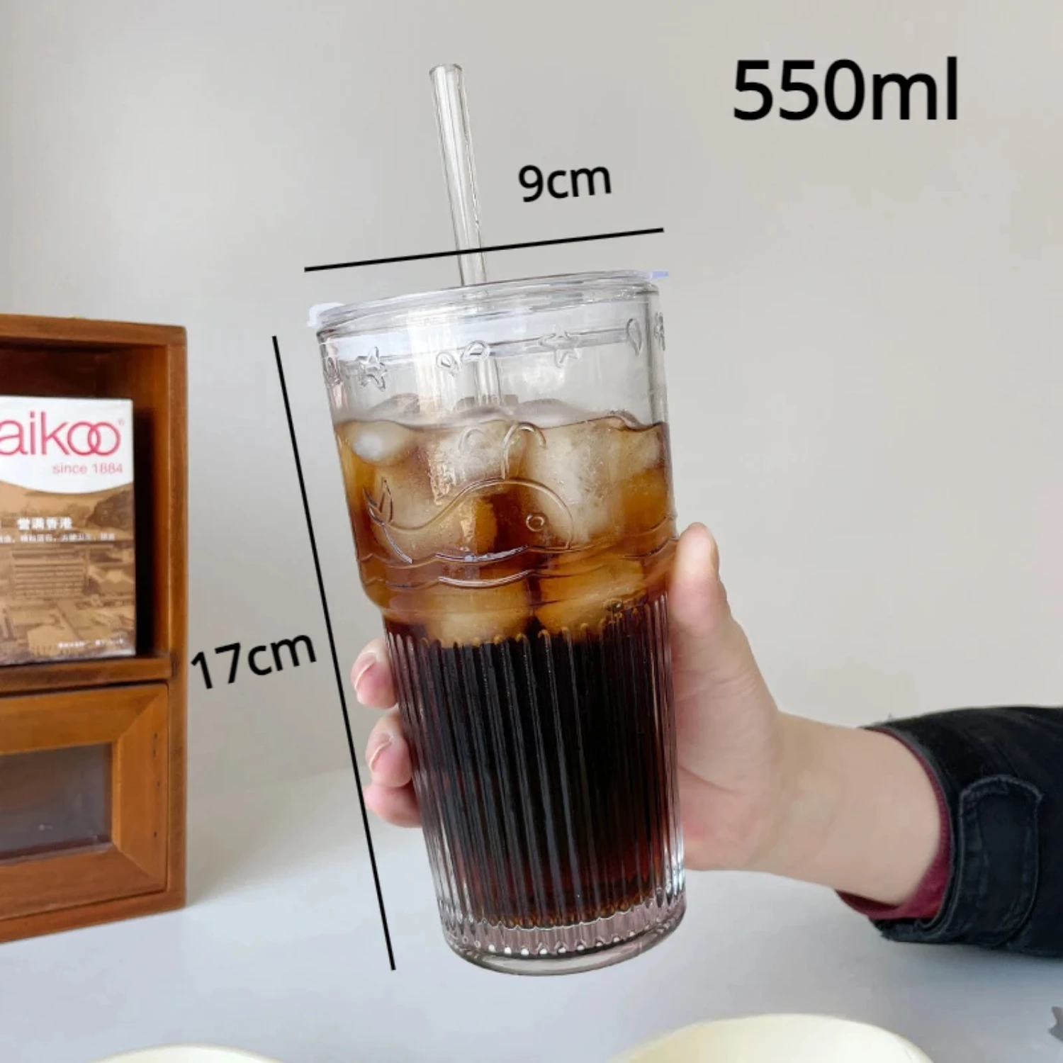 1pc 600ml Stripe Glass Cup with Lid and Straw Transparent Drinking Glasses  Juice Iced Coffee Water Cup Outdoor Drinkware Mug