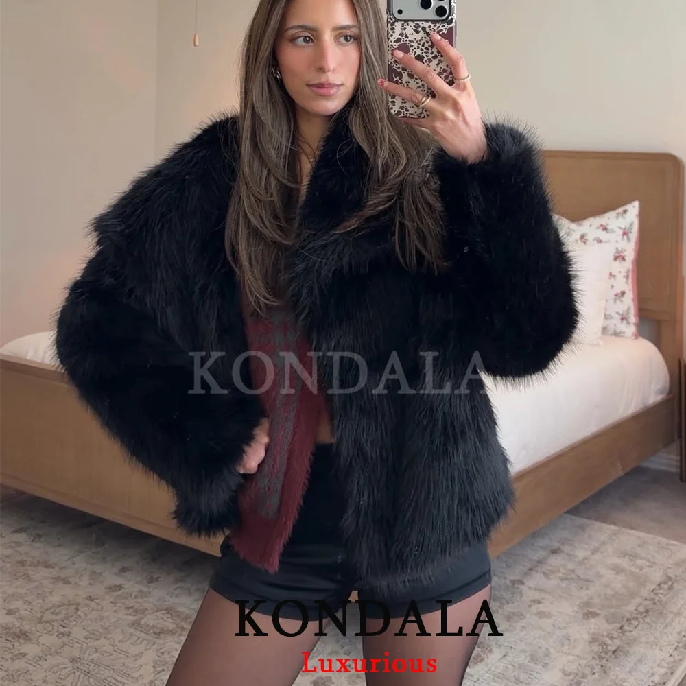 KONDALA Casual Brown Thick Fur Jackets Women Long Sleeve V Neck Autumn Winter Faux Fur Coats Fashion 2025 Streetwear Outwears