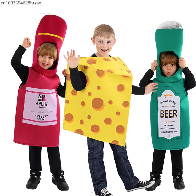 

Unisex Cute Boy Beer Halloween Fancy Dress Up Party Food Cosplay Girl Red Wine Bottle and Cheese Costume For Kids
