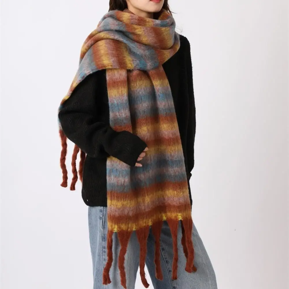 

Retro Mohair Plaid Wool Scarf Plush Thicken Winter Cashmere Scarves Korean Style Warm Long Shawl Autumn Winter