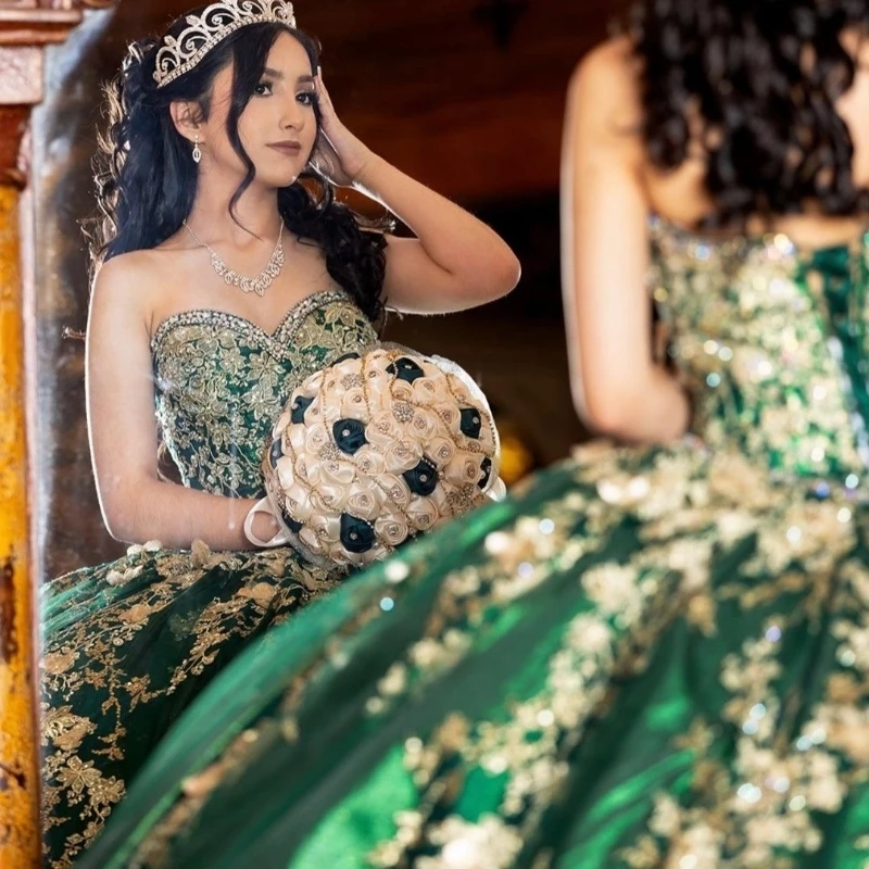 EVLAST Mexico Green Quinceanera Dress Ball Gown cristalli paillettes Gold Appliques corsetti in pizzo Sweet 16 Vestidos De 15 aecos TQD049