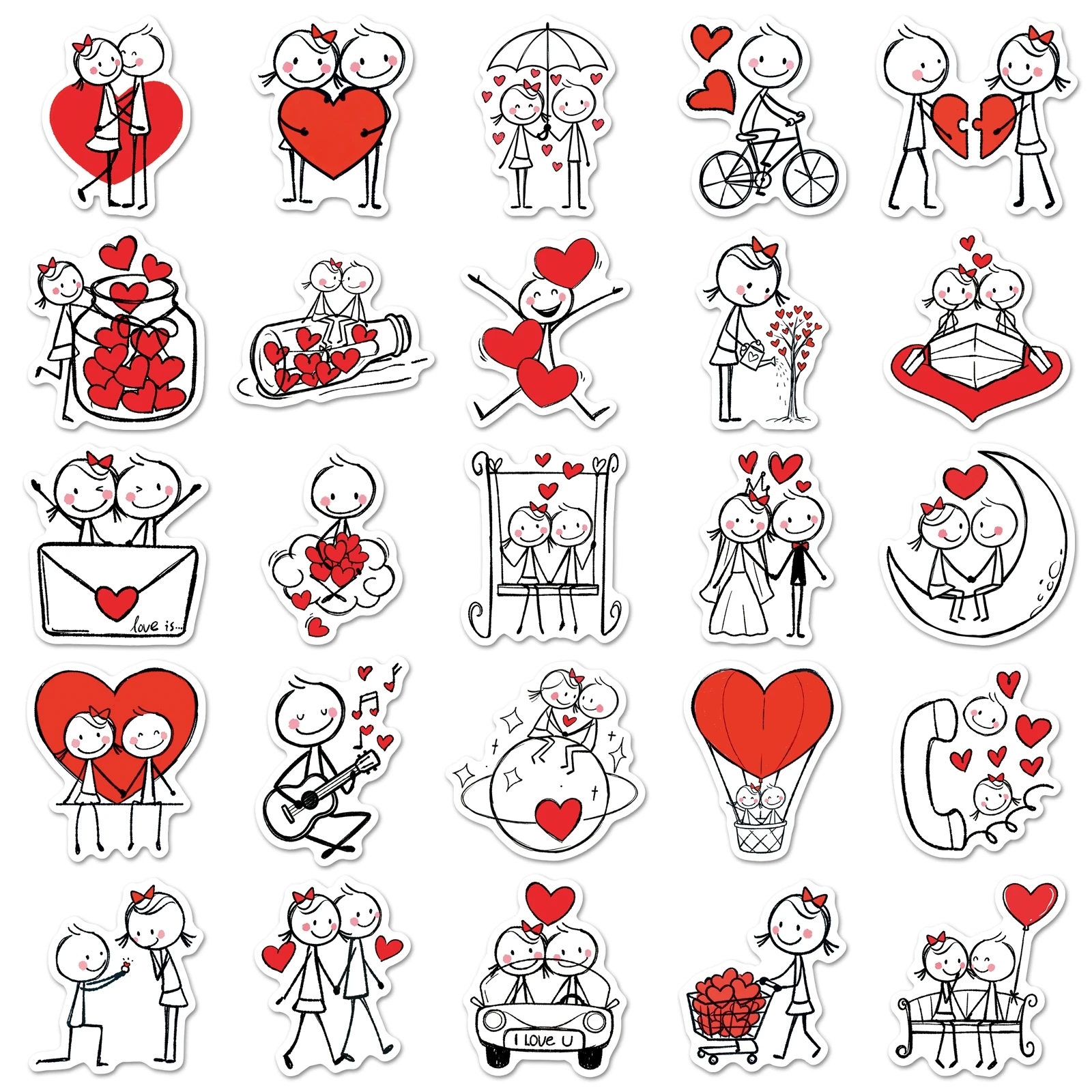 50Pcs Cute Heart-shaped Stick Figure Waterproof Sticker Skateboarding Retro Home Decal Sticker