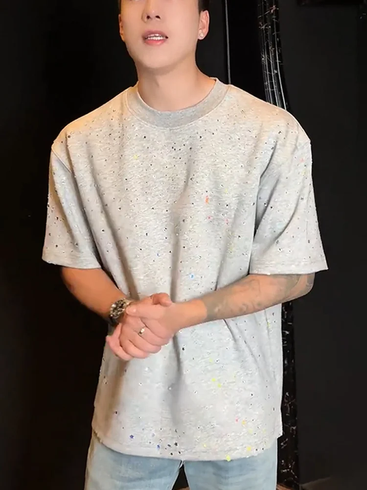

Летняя мужская футболка 2025 с круглым вырезом и коротким рукавом, с блестящим дизайном, повседневная, универсальная, в американском стиле, молодежная модная верхняя одежда