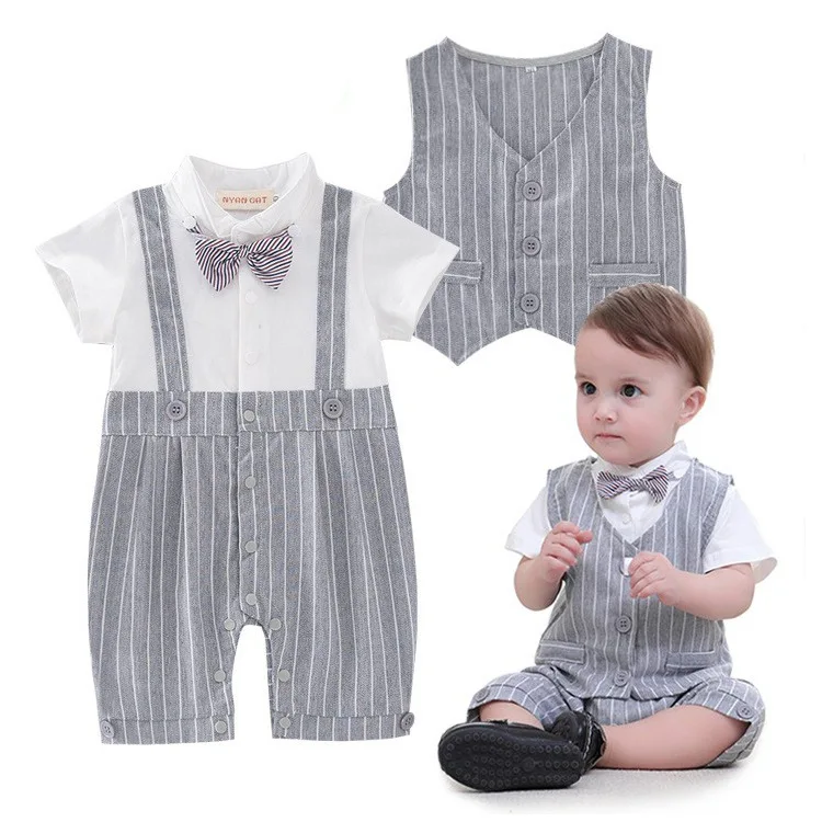 Baby Boys Summer Rompers Newborn Infant Gentleman Outfit Short Sleeve Grey Striped Bodysuit Suspenders Romper Kids Clothes Set