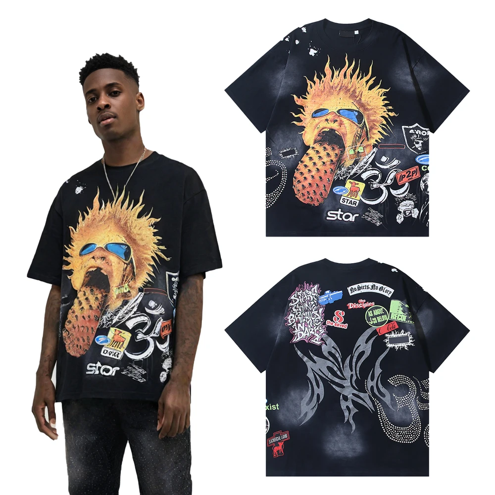 

Streetwear Clothing Men's Y2k Graphic Rhinestones T Shirts Hip Hop Street Style Cotton Retro Casual Vintage Short Sleeve Tee Top