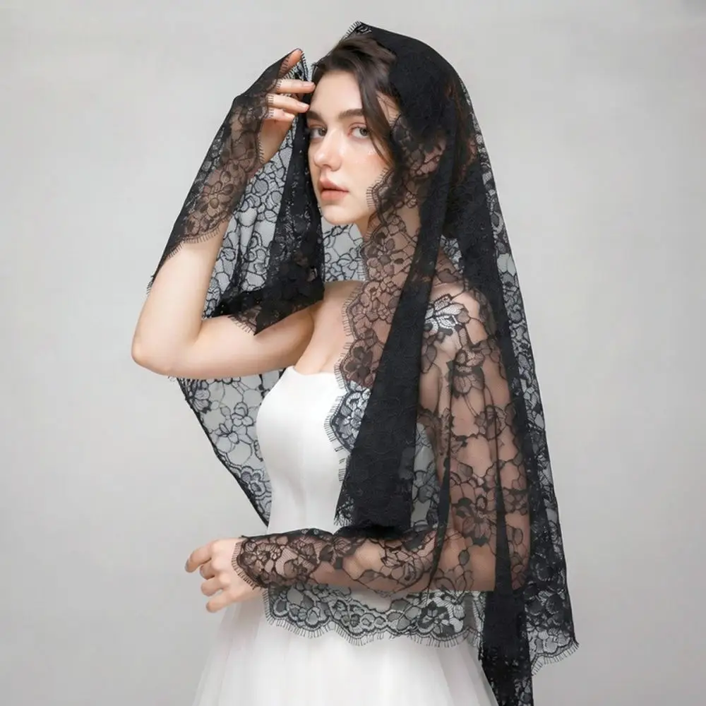 Elegant Floral Lace Shawl Eyelash Edge Wedding Veil Scarf Hollow Out Wrap Lightweight Bridal Cape Women Daily Headwear