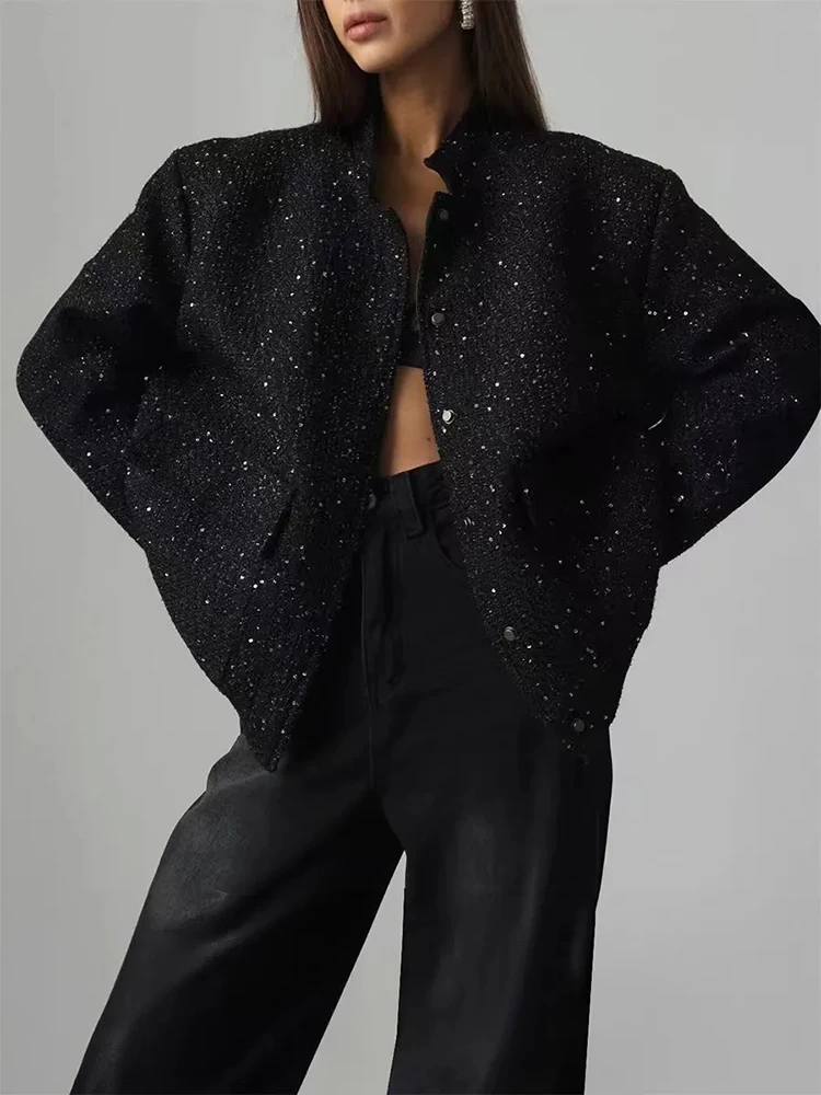 Fashion Sequins Women Jacket Spring Fall Stand Collar Long Sleeve Bomber Jacket Black Elegant Office Lady Button Casual Coats