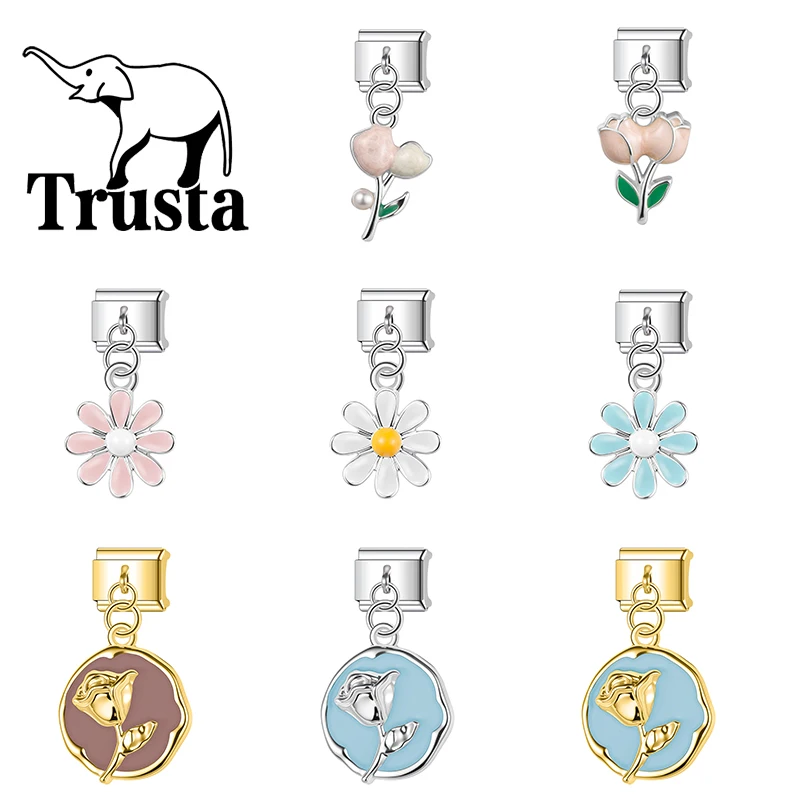 Trusta Colorful Tulip daisy Rose Flower Pendant Charm for italian bracelet Beads Gifts Girl Fit 9mm Accessories 1pc Fashion N822