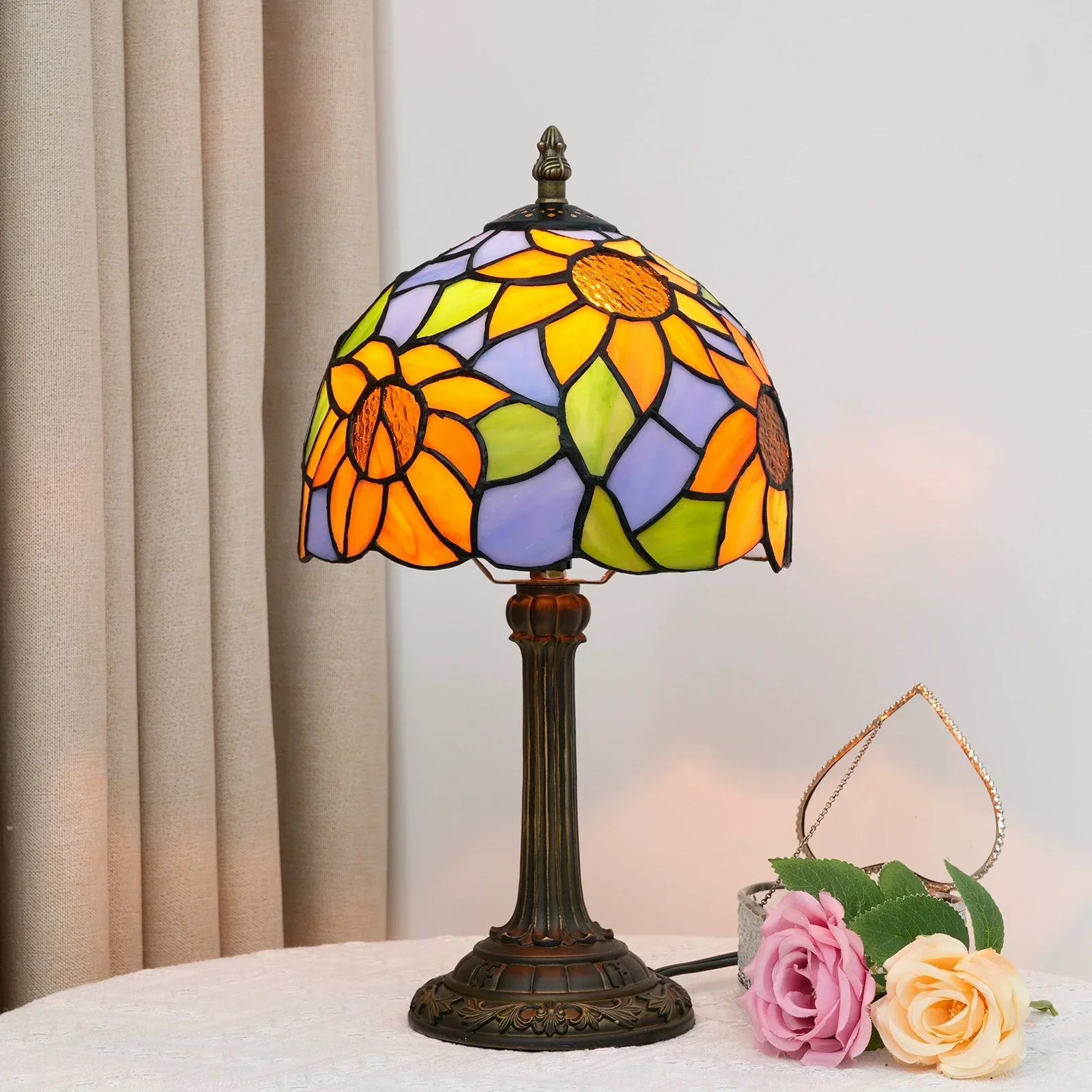 8inch Tiffany Table Lamp Vintage Sunflower Tiffany Style Table Lamp Crafted Glass Night Decorative Light for Bedroom Dining Room