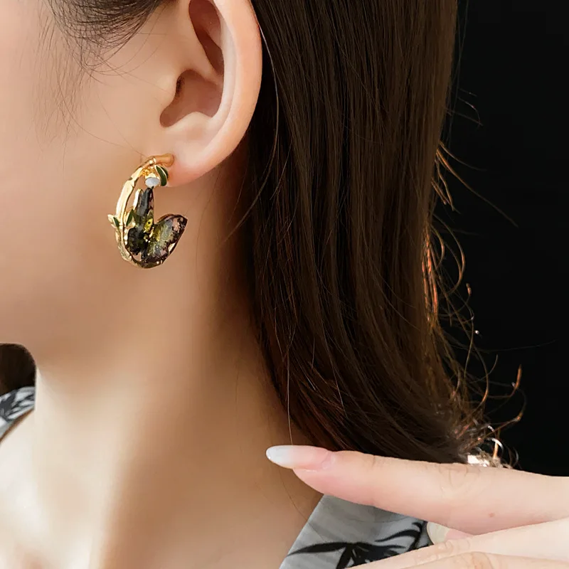 NISHIZAWA Round Bamboo Leaf Oil Drop Butterfly Earrings Chinese Style Temperament Earrings Luxury Earrings