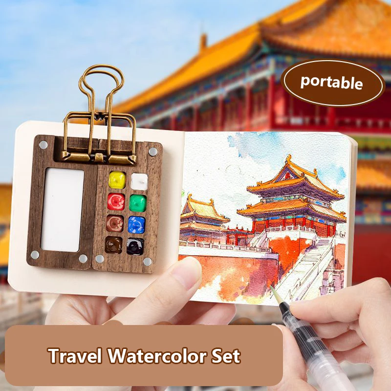 Portable Travel Watercolor Set Schmincke Watercolor 8 Colors Mini Walnut Paint Box Sketchbook Student Outing Art Supplies