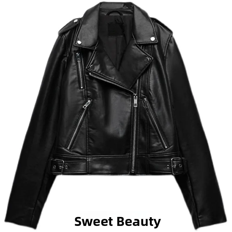 

Leather Jacket Biker Style Fake Leather Stand Collar Coat Women's Autumn Winter New Fashion Short Length Zipper Closure PU Ma...