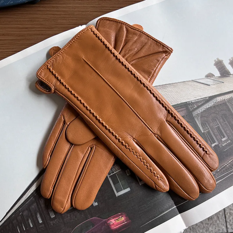 

Genuine Sheepskin Leather Gloves For Women Winter Touch Screen Warmth Plush Silk Lining Gloves Outdoor Driving Cycling Gloves