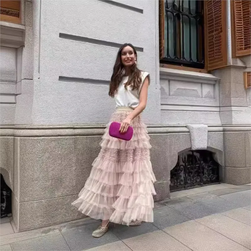 تنورة كعكة نسائية عصرية بنصف الجسم على طراز الشارع تنورة طويلة لصيف 2025 تنورة كعكة متأرجحة كبيرة شبكية جديدة