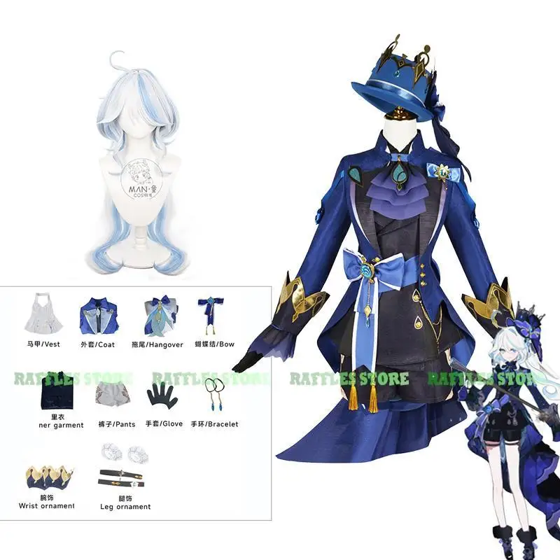 Furina Cosplay Costume com Peruca Chapéu para Mulheres, Genshin Impact Anime, Focalors Preto, Roupas de Jogo, Sapatos DIY, Vestido de Festa