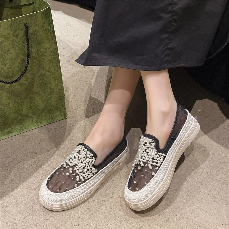 

Rhinestone Studded Thick Sole Loafers Women's Mesh Breathable Slip On Shoes 2025 New Style