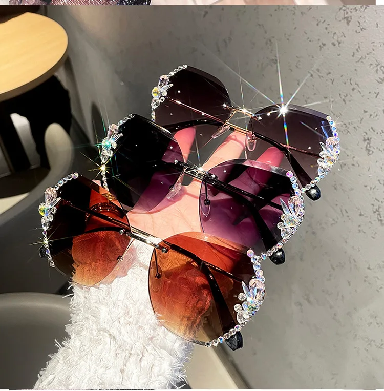 Neue Strass Sonnenbrille für Frauen hochwertige Weiblichkeit Mode rahmenlose große Rahmen schlanke Brille fahren UV-Schutz – Detail 3