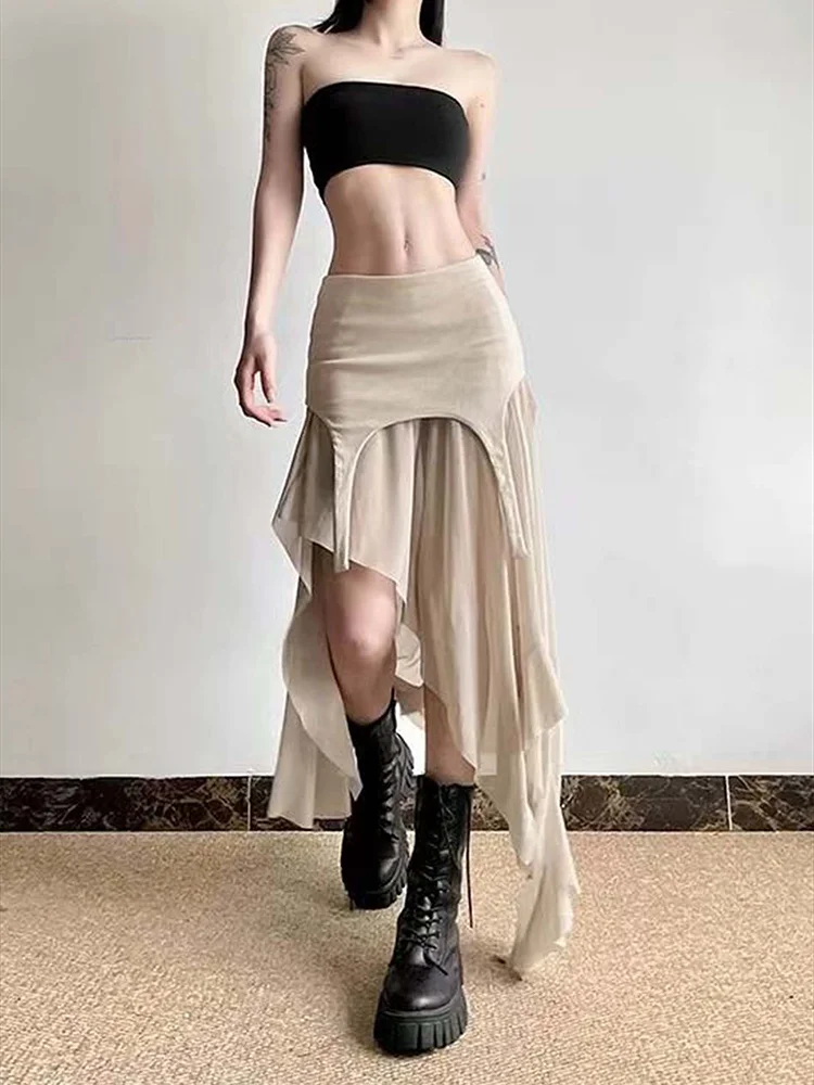 2025 불규칙 메쉬 스커트 여성 Y2k 핫걸 스타일 하이웨이스트 러플 스커트 슬림핏 빈티지 패션 여성 의류