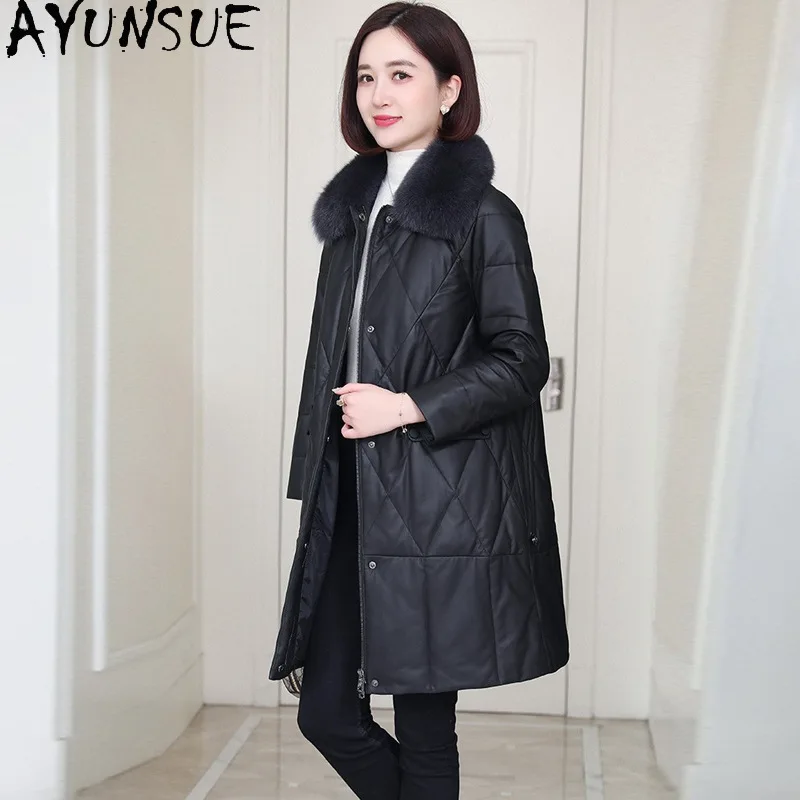AYUNSUE chaqueta de piel de oveja auténtica para mujer, abrigo de plumón de pato blanco 90%, ropa de invierno para mujer, cuello de piel de zorro, Casaco femenino