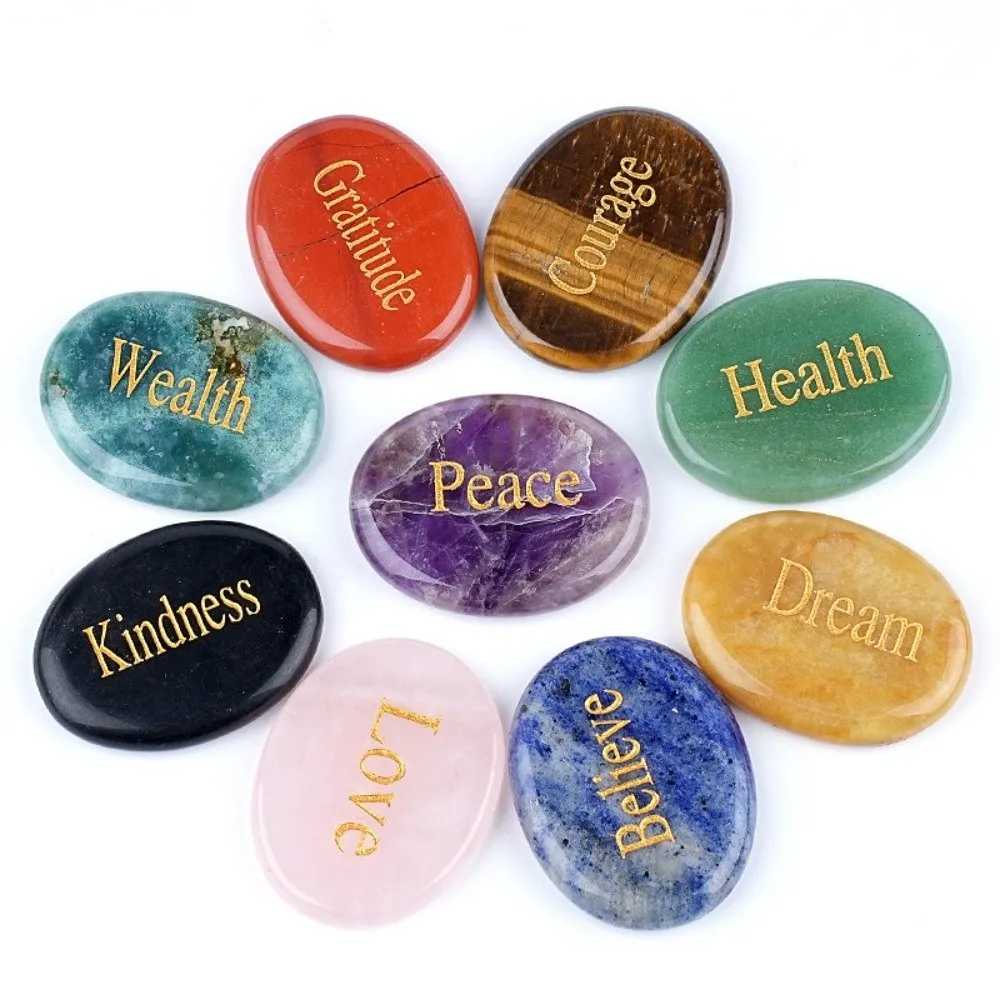 Ellipse Shape Thumb Worry Stones Natural Stone Crystal Engraved Different Inspirational Word Energy Feng Shui Decoration