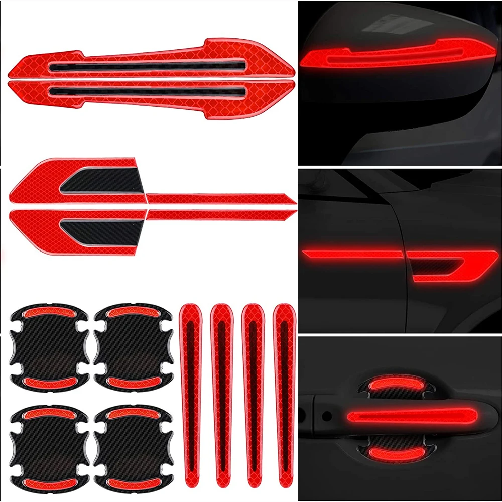 

One Set (12pcs) Red Reflective Car Safety Car Handle Door Side Bowl Fender Rearview Mirror Warning Paint Protector Scratch Films