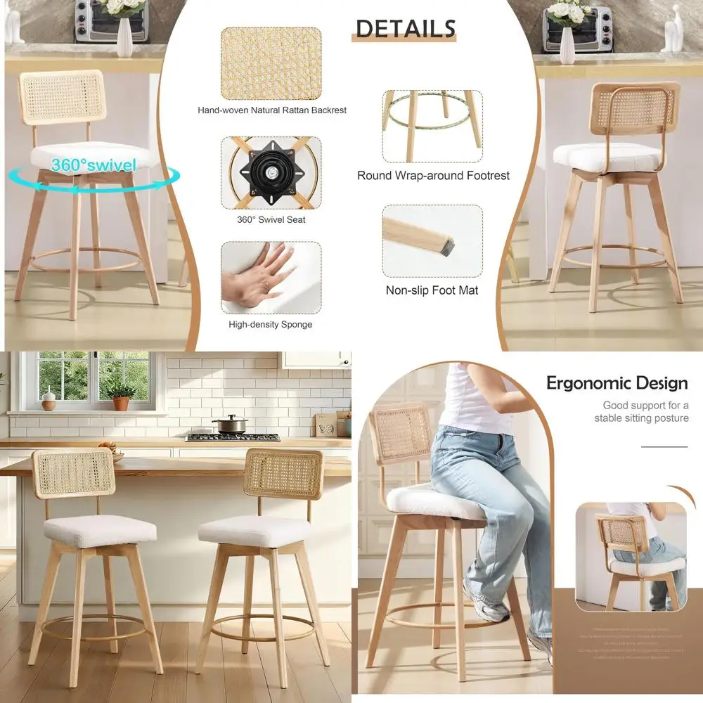 

Swivel Rattan Bar Stools Set of 2, White Upholstered Counter Height Chairs with Wooden Legs for Kitchen Island