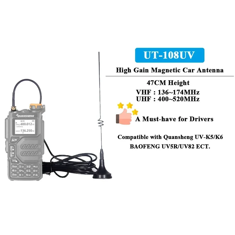 NAGOYA UT-108UV Car Antenna High Gain Magnetic SMA-F UHF VHF 144MHz/430MHz 47CM For UV-K5 UV-K6 UV-82 UV-5R UV-16 Walkie Talkies