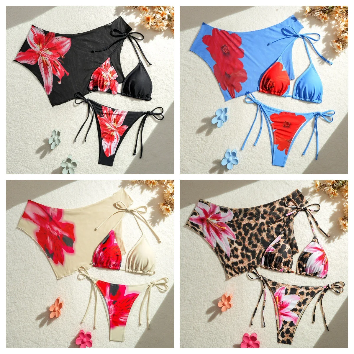 

Bathing Suit Women Fashion Sexy Swimsuit European And American Print Lace-up Sexy Bikini Split Three-piece Swimsuit
