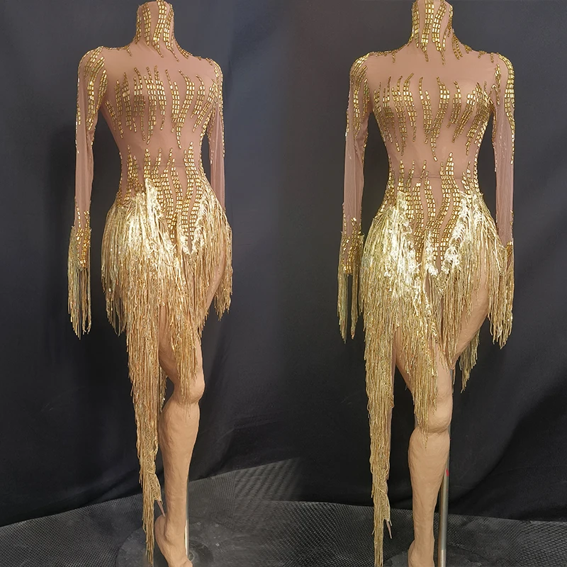 Sexy Gold Fringe Dresses Rhinestone Long Sleeve Performance Dress Nightclub Bar Party Rave Clothing Dancehall Queen Outfit 4637