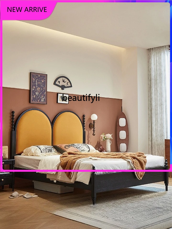 

C89 Retro solid wood bed, master bedroom, simple modern soft bag, premium double bed