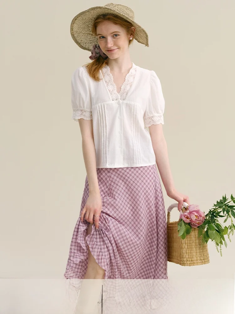 

Rina Berry V-ne ort Sve Pleated Ruffle Simple Commute Summer irt Cotton Blend Regular Fit Pure Color Busin Casual