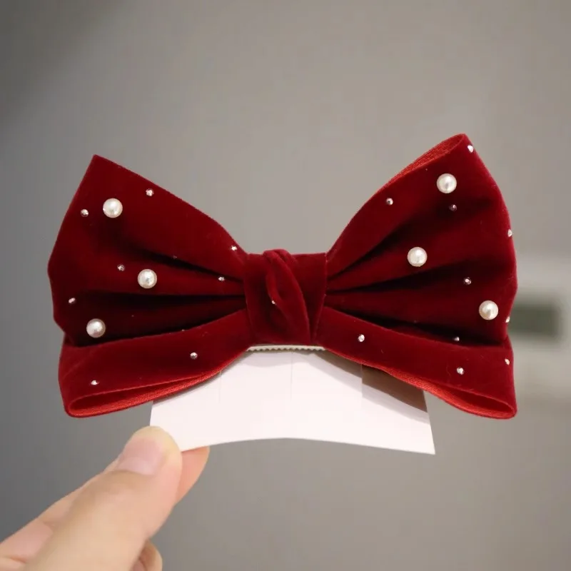 Brand New Pearl bow girl headwear mesh velvet hair clip party girl dance hair accessory hair clip red 2025